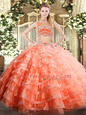Beading and Ruffled Layers Vestidos de Quinceanera Orange Red Backless Sleeveless Floor Length