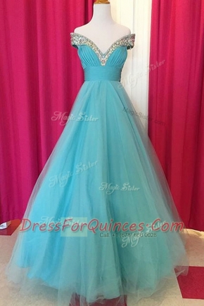 Modest Blue Off The Shoulder Neckline Beading Homecoming Dress Sleeveless Backless