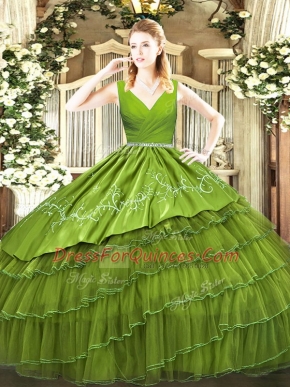 Olive Green V-neck Neckline Embroidery and Ruffled Layers Sweet 16 Dresses Sleeveless Zipper
