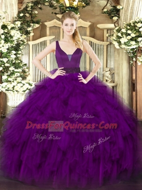 Fabulous Purple Ball Gowns Organza Straps Sleeveless Beading and Ruffles Floor Length Zipper Vestidos de Quinceanera