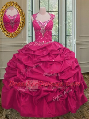 Straps Sleeveless Quinceanera Gown Floor Length Beading and Pick Ups Hot Pink Taffeta