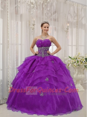 Purple Strapless Organza Appliques and  Beading Ball Gown Dress with Ruffled Layers