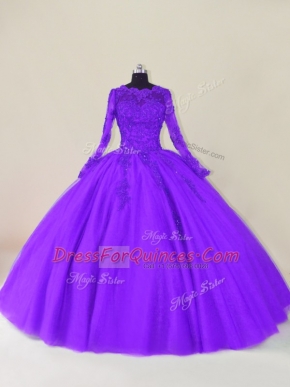 Tulle Long Sleeves Floor Length Quinceanera Dresses and Lace and Appliques
