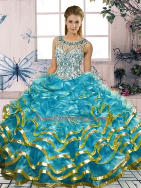 Delicate Floor Length Lace Up Quinceanera Gown Blue for Military Ball and Sweet 16 and Quinceanera with Beading and Ruffles