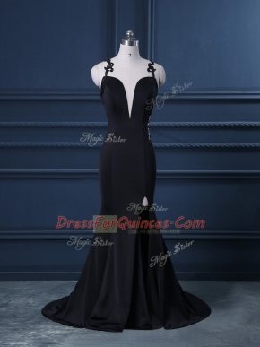 Black Prom Dress Satin Brush Train Sleeveless Lace
