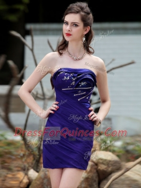 Chic Royal Blue Chiffon Backless Homecoming Dress Sleeveless Mini Length Beading and Ruching