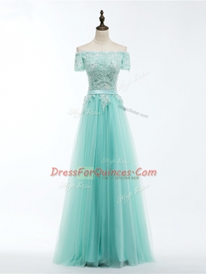 Apple Green Short Sleeves Lace and Appliques Floor Length Prom Evening Gown