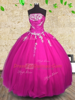 Glorious Floor Length Lace Up Ball Gown Prom Dress Fuchsia for Military Ball and Sweet 16 and Quinceanera with Appliques and Ruching