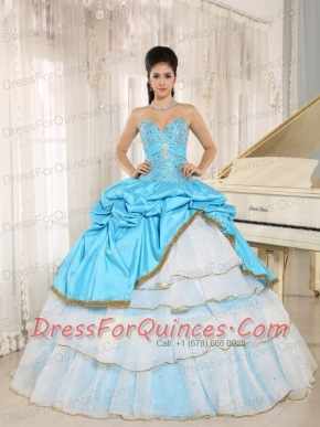 Quinceanera Dress Sweetheart Beaded and Pick-ups For Aqua Blue and White Ruffled Layers