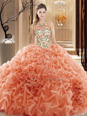 Romantic Peach Sleeveless Embroidery and Ruffles Backless Quince Ball Gowns
