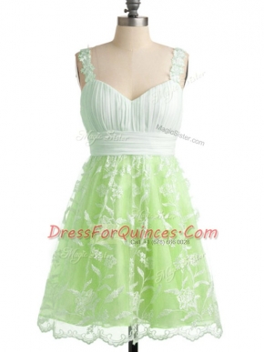 Attractive Yellow Green Sleeveless Lace Knee Length Dama Dress