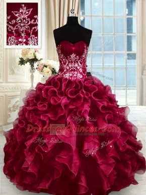 Floor Length Lace Up Quince Ball Gowns Wine Red for Military Ball and Sweet 16 and Quinceanera with Beading and Appliques and Ruffles