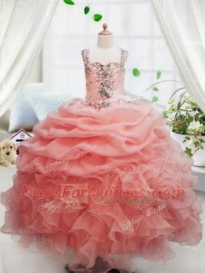 Peach Square Neckline Beading and Ruffles and Pick Ups Pageant Gowns For Girls Sleeveless Zipper