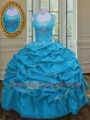 Straps Aqua Blue Ball Gowns Beading and Pick Ups Quinceanera Dresses Lace Up Taffeta Sleeveless Floor Length