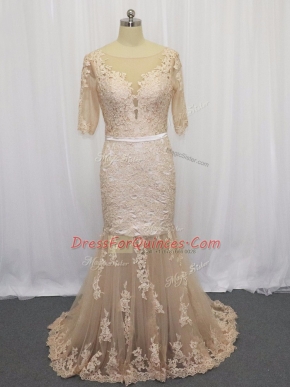 Shining Champagne Half Sleeves Brush Train Lace and Appliques Evening Dress