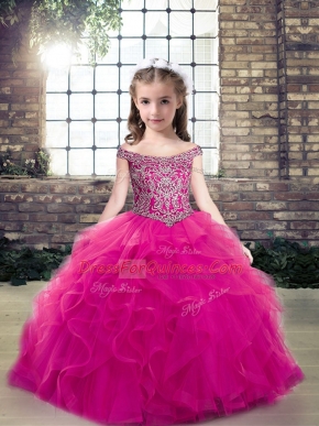Perfect Fuchsia Ball Gowns Tulle Off The Shoulder Sleeveless Beading and Ruffles Floor Length Lace Up Little Girls Pageant Dress