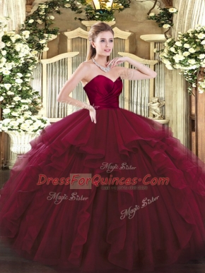 Fashion Wine Red Sleeveless Tulle Lace Up Quinceanera Gowns for Military Ball and Sweet 16 and Quinceanera