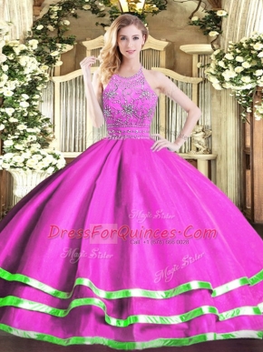 Admirable Halter Top Sleeveless Quinceanera Gown Floor Length Beading Fuchsia Tulle