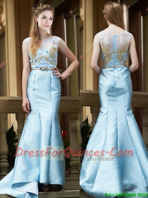 Modest Mermaid Applique Brush Train Prom Dresses in Light Blue