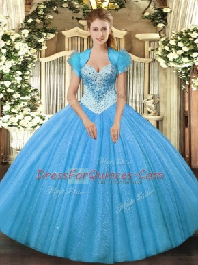 Ball Gowns Quinceanera Gown Aqua Blue Sweetheart Tulle Sleeveless Floor Length Lace Up