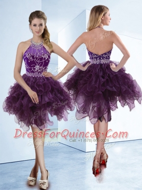 Organza Halter Top Sleeveless Zipper Beading Prom Party Dress in Dark Purple