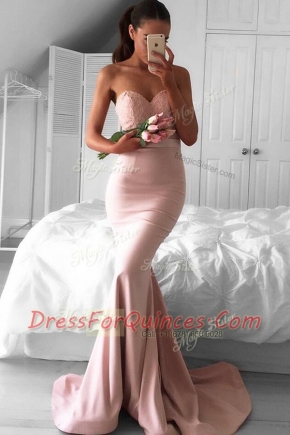 Mermaid Sweetheart Sleeveless Prom Evening Gown Sweep Train Lace Pink Elastic Woven Satin