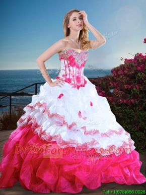 Visible Boning Beaded and Ruffled Quinceanera Gown in Hot Pink and White