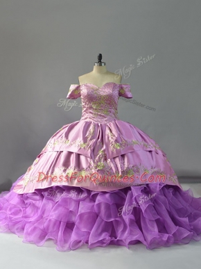 Lavender Sleeveless Organza Chapel Train Lace Up Quinceanera Gowns for Sweet 16 and Quinceanera