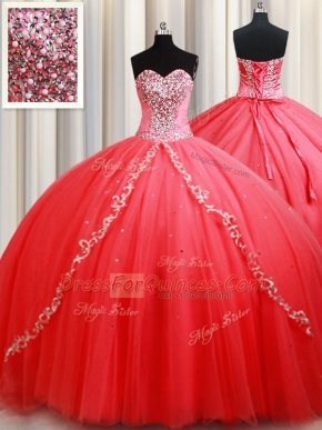 Fancy Coral Red Tulle Lace Up Quinceanera Dress Sleeveless Floor Length Beading and Appliques
