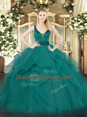 Free and Easy Straps Sleeveless Zipper Vestidos de Quinceanera Teal Tulle