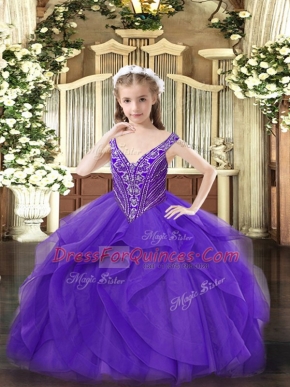 High End Eggplant Purple Zipper V-neck Beading and Ruffles Little Girl Pageant Dress Tulle Sleeveless