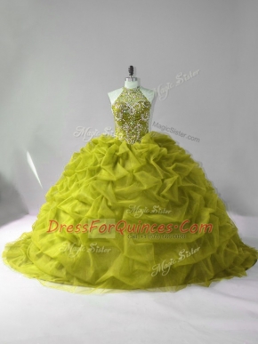 High Class Olive Green Tulle Lace Up Halter Top Sleeveless Sweet 16 Quinceanera Dress Court Train Beading and Pick Ups