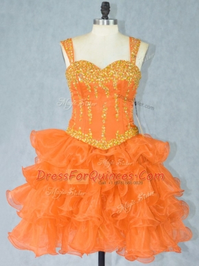 Orange Ball Gowns Straps Sleeveless Organza Mini Length Lace Up Beading and Ruffled Layers Dress for Prom