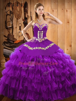 Exquisite Purple Vestidos de Quinceanera Military Ball and Sweet 16 and Quinceanera with Embroidery and Ruffled Layers Sweetheart Sleeveless Lace Up
