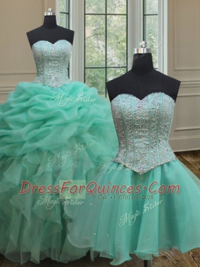 Three Piece Turquoise Ball Gowns Sweetheart Sleeveless Organza Floor Length Lace Up Beading and Ruffles and Pick Ups Ball Gown Prom Dress