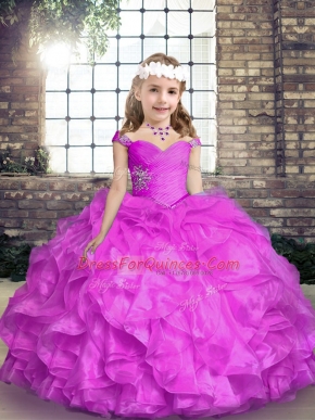 Graceful Straps Sleeveless Kids Pageant Dress Floor Length Beading and Ruffles Lilac Organza
