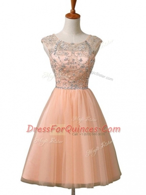 High Class Peach Zipper Prom Evening Gown Beading Sleeveless Mini Length