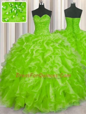 Glorious Yellow Green Lace Up Sweetheart Beading and Ruffles Sweet 16 Dress Organza Sleeveless
