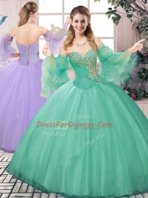 Floor Length Lace Up Sweet 16 Quinceanera Dress Apple Green for Sweet 16 and Quinceanera with Beading