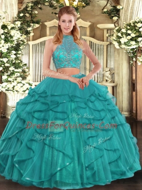 Halter Top Sleeveless Criss Cross Quinceanera Gown Turquoise Tulle