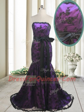Chic Mermaid Lace Purple Sleeveless Sweep Train Bowknot and Belt With Train Prom Party Dress