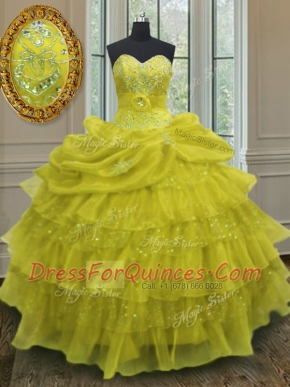 Organza Sweetheart Sleeveless Lace Up Beading and Ruffled Layers and Pick Ups Sweet 16 Quinceanera Dress in Yellow