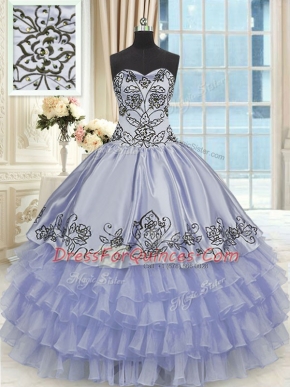 Popular Floor Length Lace Up Sweet 16 Quinceanera Dress Lavender for Military Ball and Sweet 16 and Quinceanera with Beading and Embroidery and Ruffled Layers