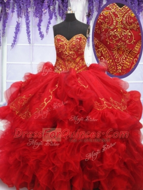 Wonderful Red Lace Up 15 Quinceanera Dress Beading and Embroidery and Ruffles Sleeveless With Brush Train
