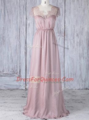 Elegant Pink Dama Dress for Quinceanera Prom and Party and Wedding Party with Lace Scalloped Short Sleeves Clasp Handle