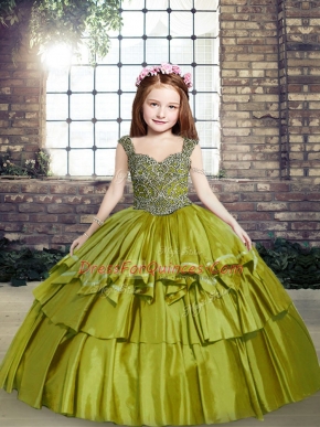 Olive Green Sleeveless Beading Floor Length Little Girls Pageant Dress
