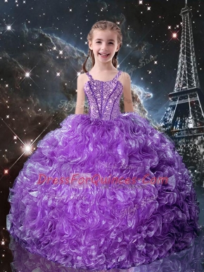 Eggplant Purple Ball Gowns Beading and Ruffles Little Girl Pageant Dress Lace Up Organza Sleeveless Floor Length