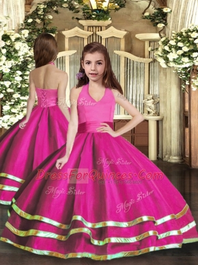 Fantastic Sleeveless Floor Length Ruffled Layers Lace Up Pageant Dress for Girls with Fuchsia