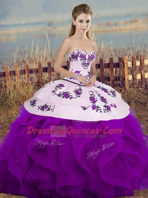 Ball Gowns Quinceanera Gown White And Purple Sweetheart Tulle Sleeveless Floor Length Lace Up
