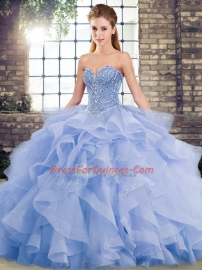 Customized Sleeveless Beading and Ruffles Lace Up Quinceanera Dresses with Lavender Brush Train